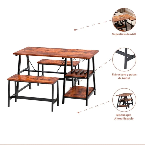 Pack Mesa Rectangular + 2 Banquetas | Estilo Industrial