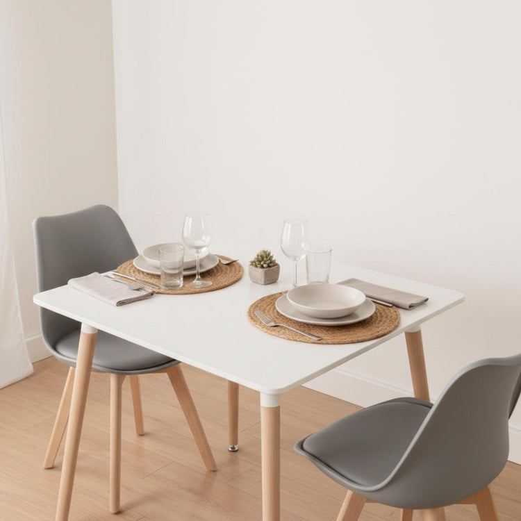 Comedor Mesa Aroa Blanca 80x80 cm + 2 Sillas Tulip Gris