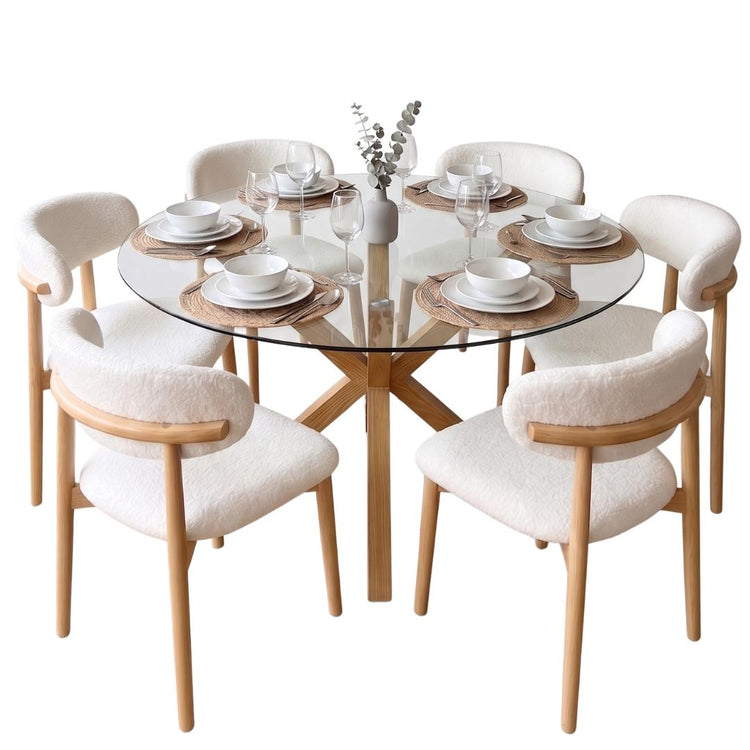 Comedor Mesa Equiz 120cm + 6 Silla Makena Blanco Bouclé