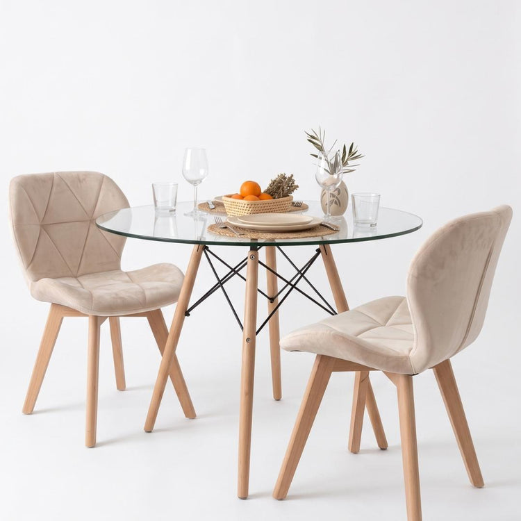 Comedor Mesa Redonda Elida 80cm + 2 Sillón Rubik Velvet Beige