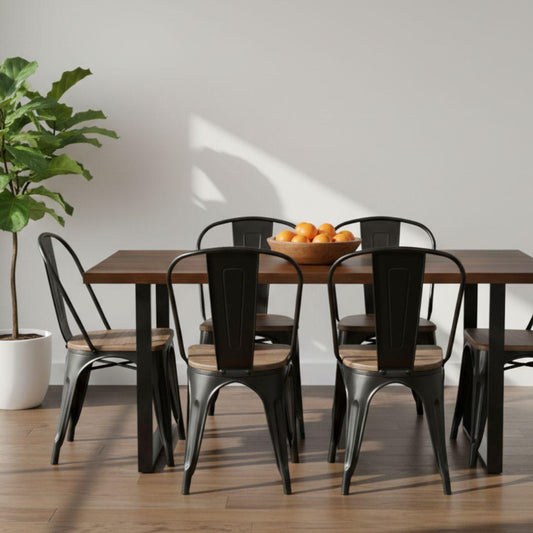 Comedor Mesa Rectangular Ámbar 160x90 + 6 Sillas Tolix Negro (Madera Oscura)