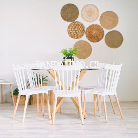Comedor Mesa Redonda Equiz 120cm + 6 Sillas Windsor Blancas
