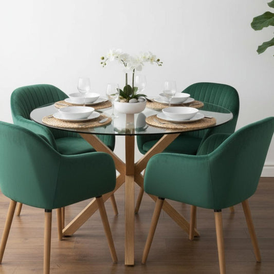Comedor Mesa Redonda Equiz 120cm + 4 Butacas Almer Verde Esmeralda