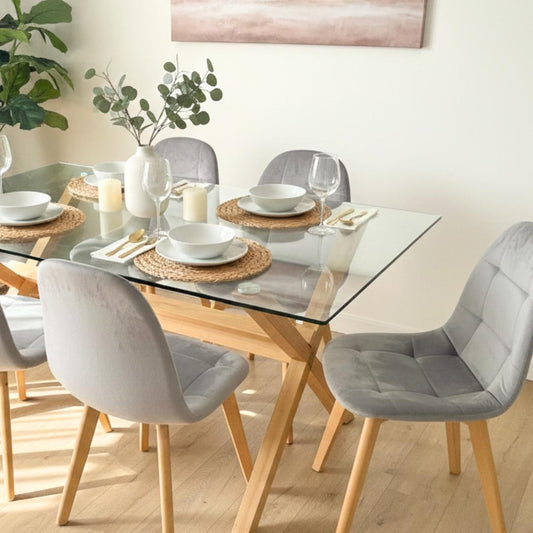 Comedor Mesa Xinia 140x90 + 6 Sillas Vorak Velvet Gris