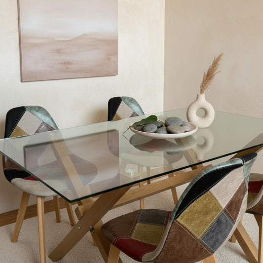 Comedor Mesa Xinia 130x80 + 4 Sillas Patchwork Da Vinci | Ecocuero Claro