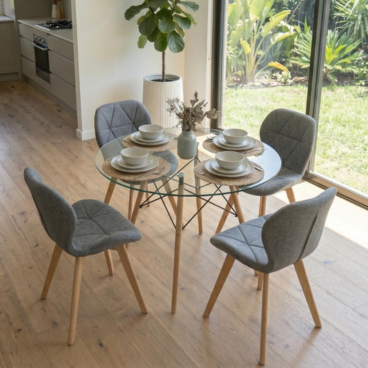 Comedor Mesa Elida 100cm + 4 Sillón Rubik Gris Lino