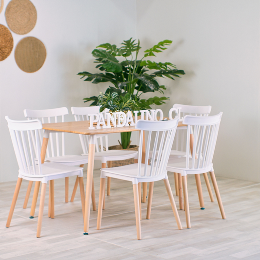 Comedor Mesa Álamo + 6 Sillas Windsor Blancas