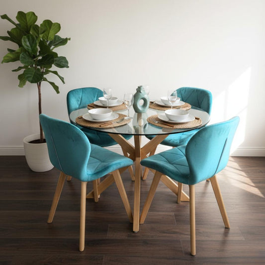 Comedor Mesa Redonda Equiz 100cm + 4 Sillones Rubik Velvet Bondi