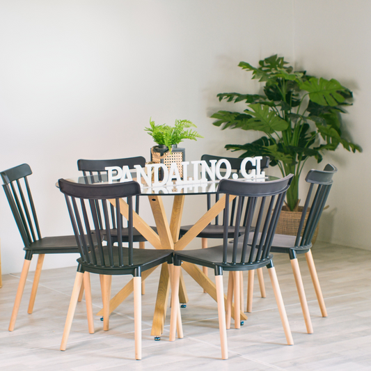 Comedor Mesa Redonda Equiz 120cm + 6 Sillas Windsor Negro