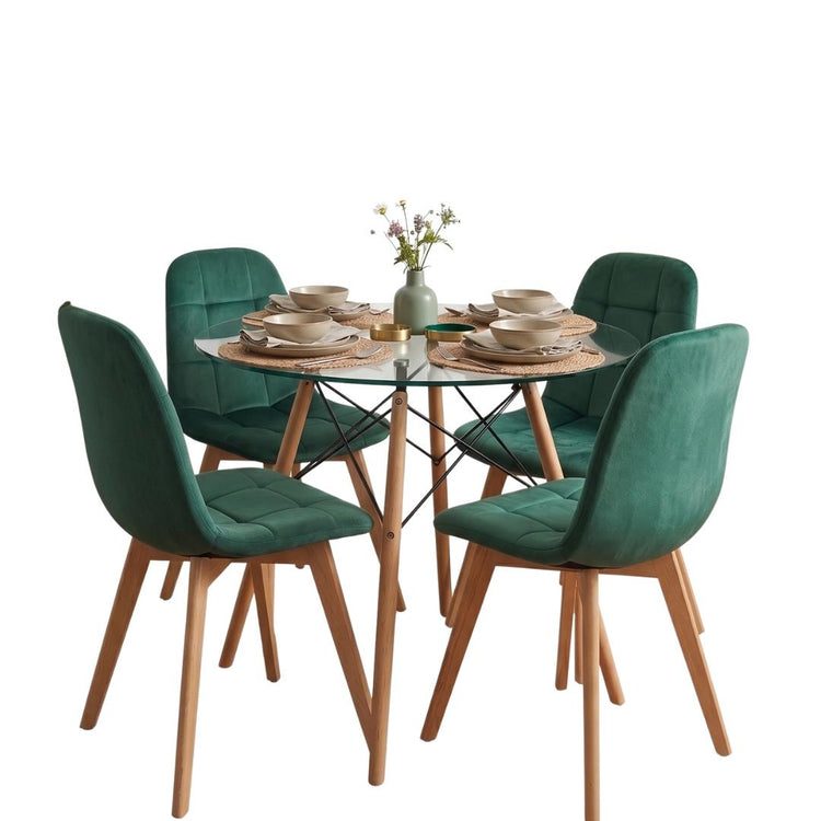 Comedor Mesa Redonda Elida 100cm + 4 Sillón Vorak Velvet Verde Esmeralda