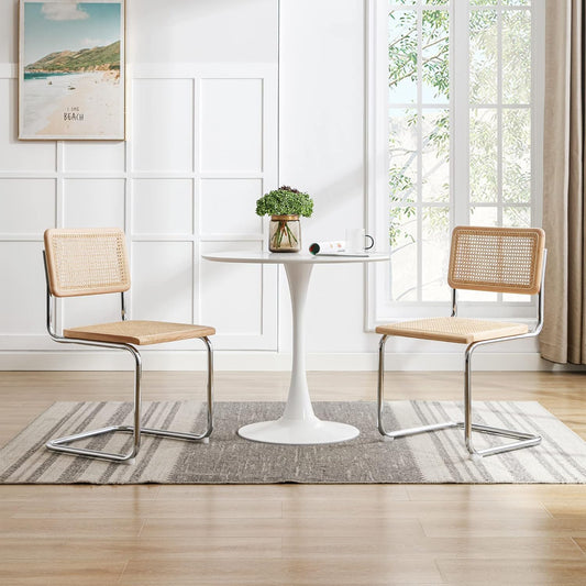 Comedor Moderno Mesa Tulip 80cm + 2 Sillas Voladiza | Ratán Natural