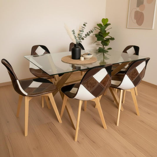 Comedor Mesa Xinia 140x90 + 6 Silla Patchwork Da Vinci | Ecocuero Café