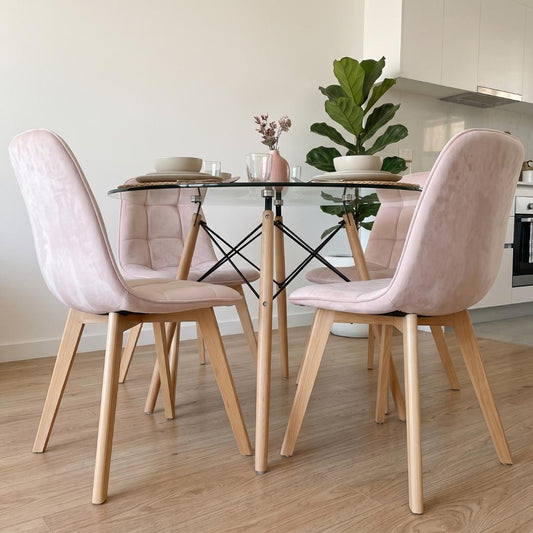 Comedor Mesa Redonda Elida 100cm + 4 Sillón Vorak Velvet Rosada