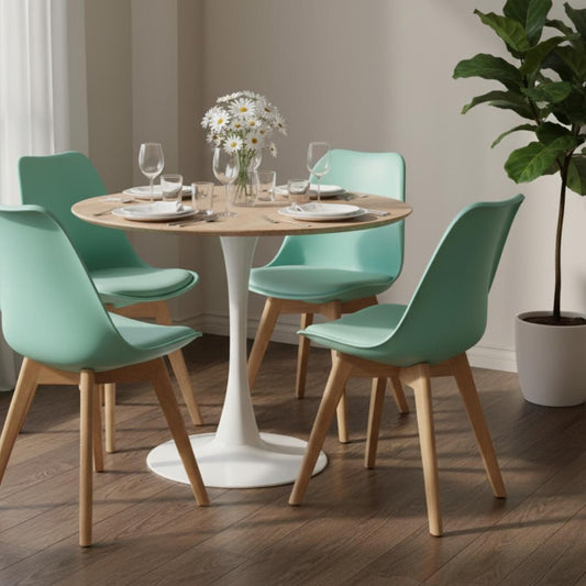 Comedor Mesa Tulip 80 cm (Cubierta Efecto Madera) + 4 Sillas Tulip Menta