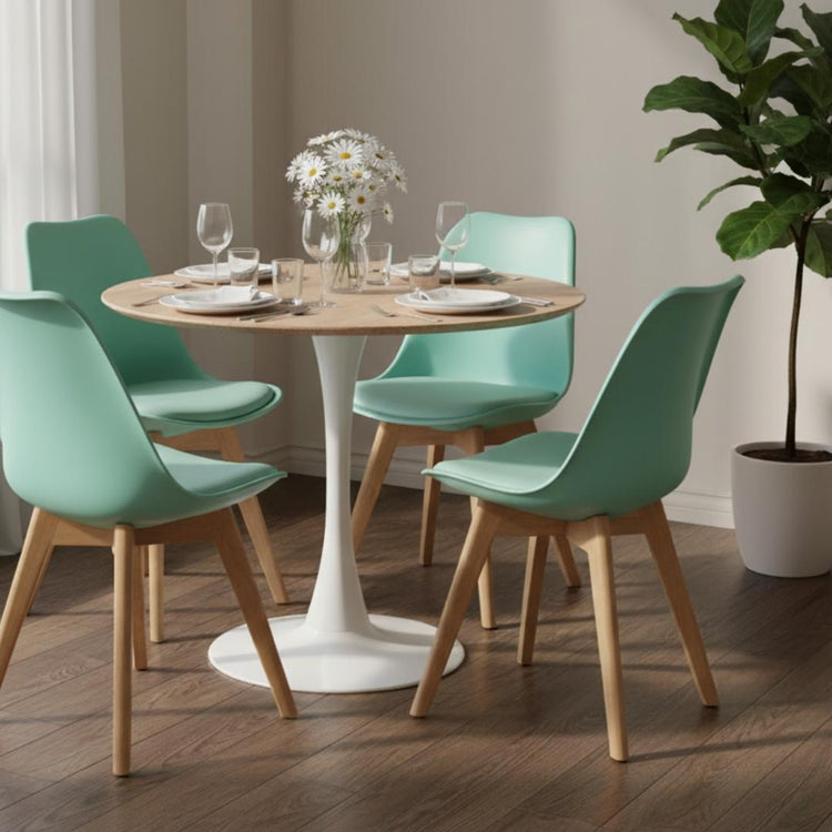 Comedor Mesa Tulip 80 cm (Cubierta Efecto Madera) + 4 Sillas Tulip Menta