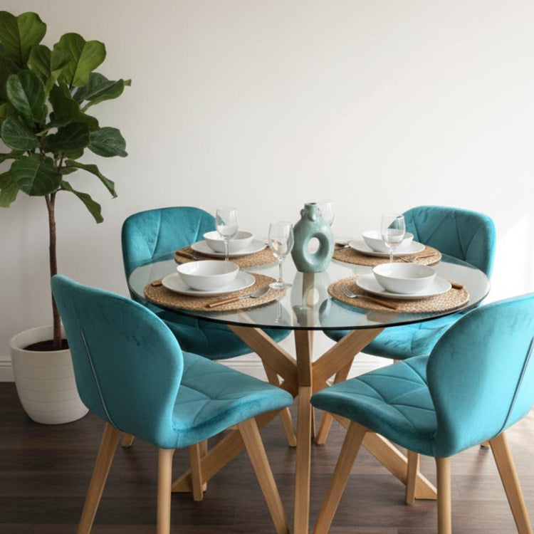 Comedor Mesa Redonda Equiz 100cm + 4 Sillones Rubik Velvet Bondi