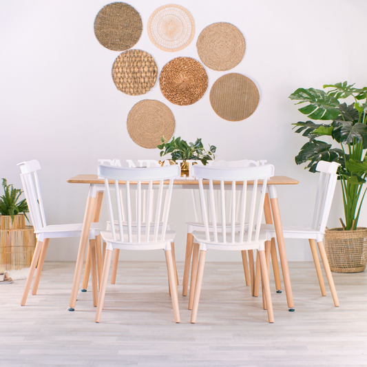 Comedor Mesa Álamo + 6 Sillas Windsor Blancas