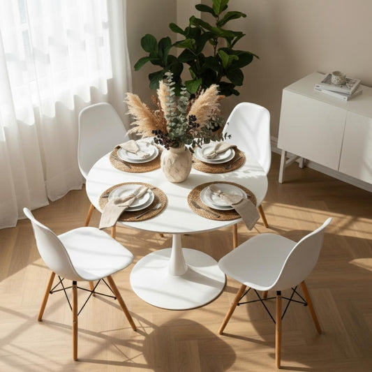 Comedor Mesa Tulip Blanco 80 cm + 4 Sillas Eames Blanco