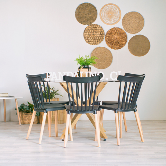 Comedor Mesa Redonda Equiz 120cm + 6 Sillas Windsor Negro