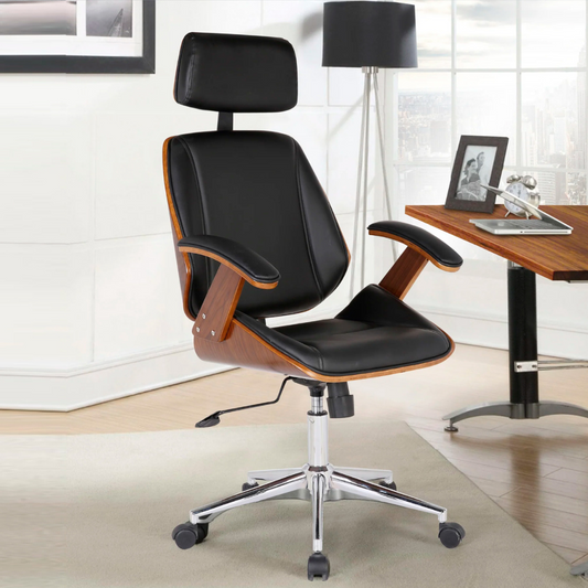 Silla Ejecutiva Ergo | Cuero Negro | Apoyabrazos de Madera y Reposacabezas Ajustable