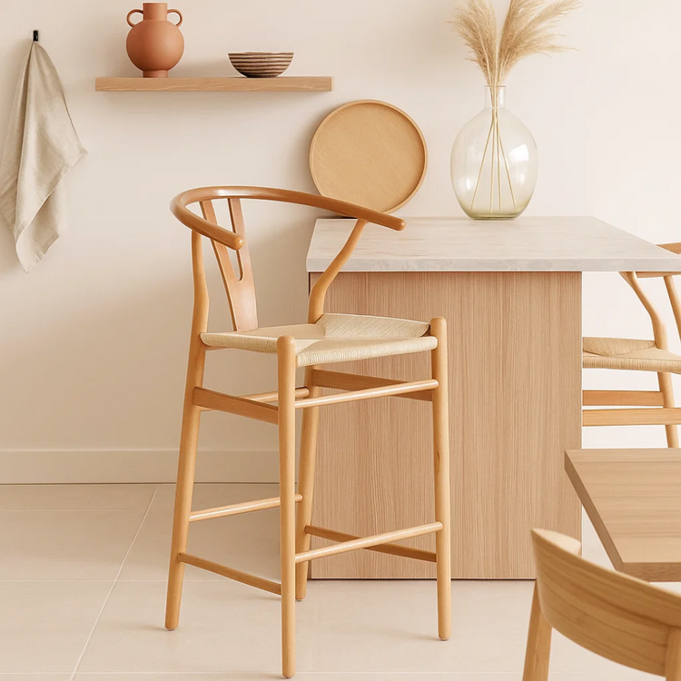 Taburete Wishbone 75cm | Madera & Cuerda Natural