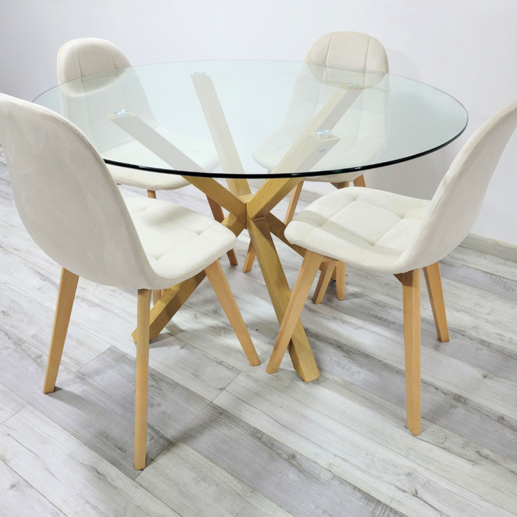 Comedor Mesa Redonda Equiz 120cm + 4 Sillas Vorak Beige | Elegante