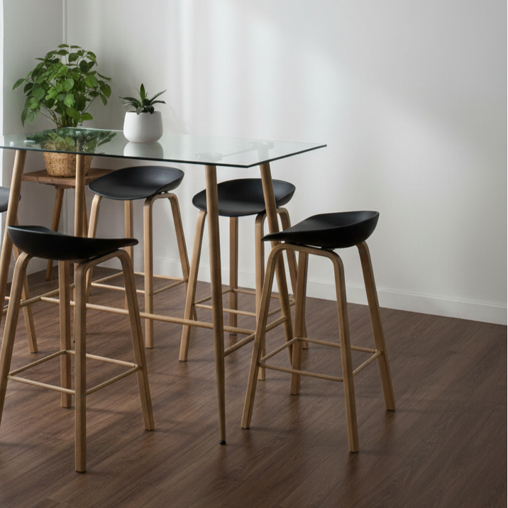 Pack Mesa Alta Vitreo + 4 Taburetes Viggo Negro