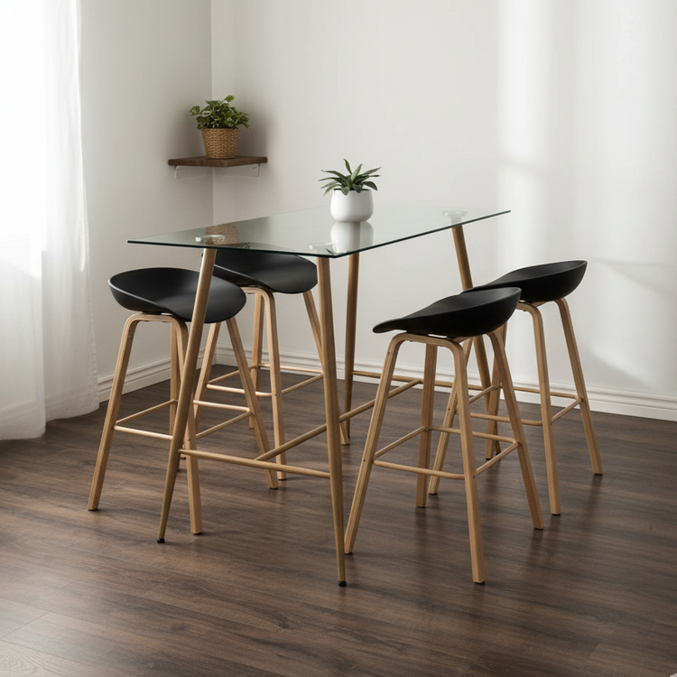 Pack Mesa Alta Vitreo + 4 Taburetes Viggo Negro