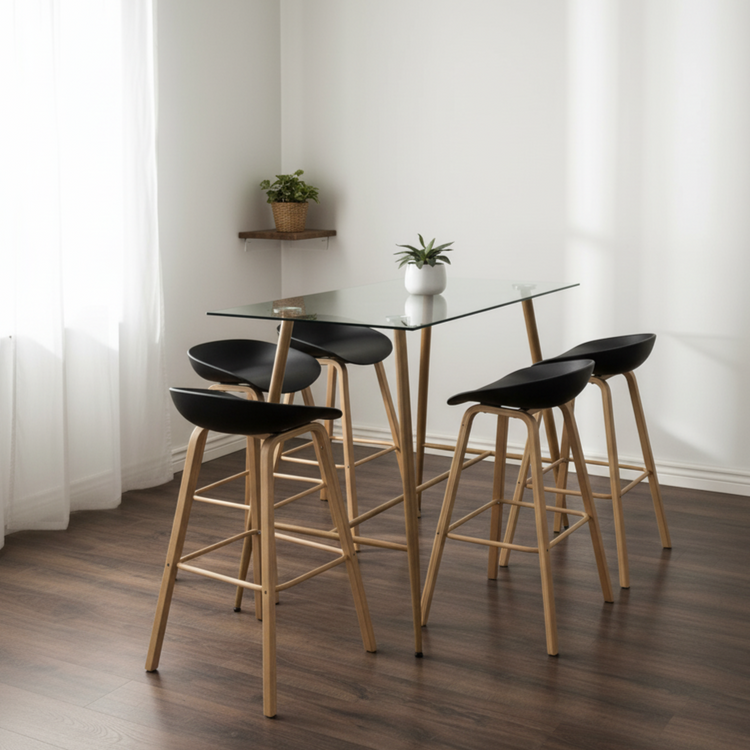 Pack Mesa Alta Vitreo + 4 Taburetes Viggo Negro