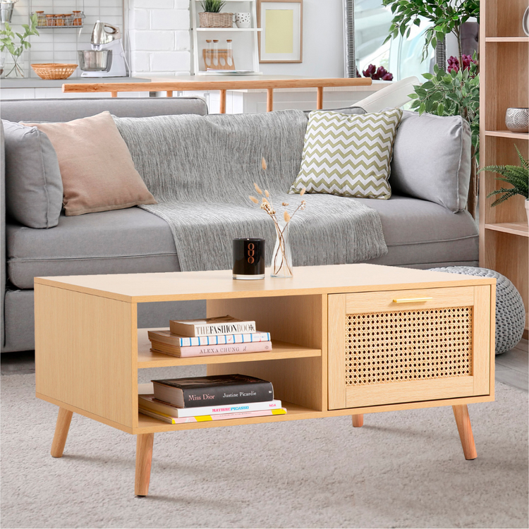 Mesa de Centro Kira | Rattan y Madera | Estilo Natural | Ideal Sala de Estar