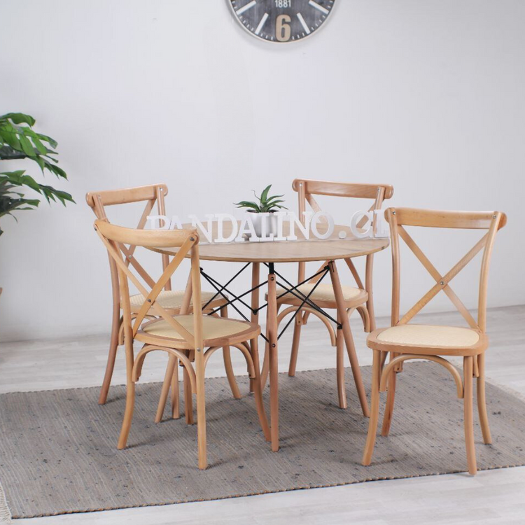 Comedor Redondo Shanna 100cm + 4 Sillas Crossback | Madera Ratán