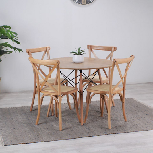 Comedor Redondo Shanna 100cm + 4 Sillas Crossback | Madera Ratán