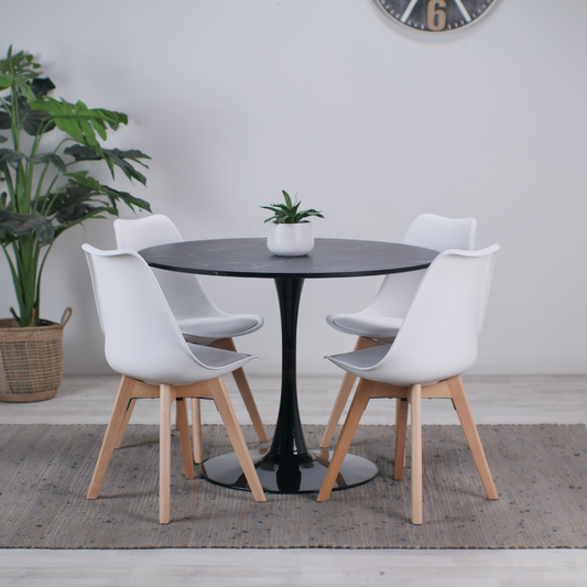 Comedor Mesa Tulip Redonda 100cm Negra + 4 Sillas Tulip Blancas