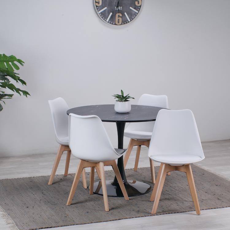 Comedor Mesa Tulip Redonda 100cm Negra + 4 Sillas Tulip Blancas