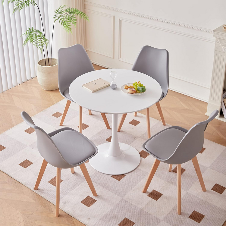 Comedor Mesa Tulip Redonda 80cm Blanca + 4 Sillas Tulip Gris