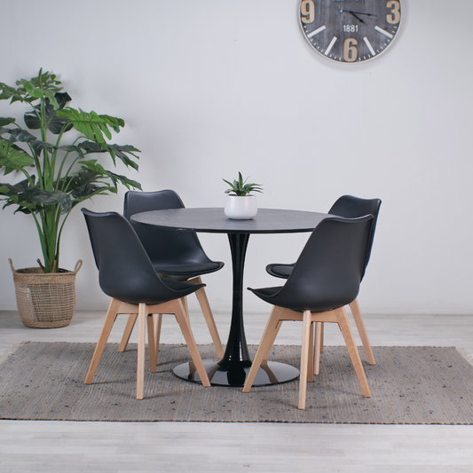 Comedor Mesa Tulip Redonda 100cm Negra + 4 Sillas Tulip Negras