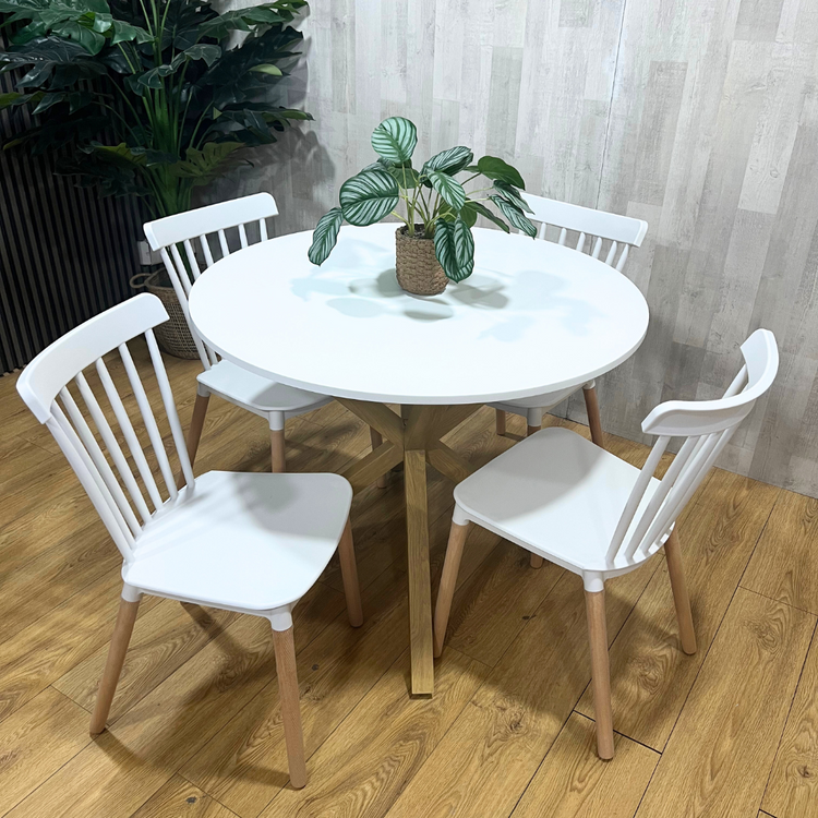 Comedor Mesa Redonda Equiz 100cm Blanca + 4 Sillas Windsor Blanca