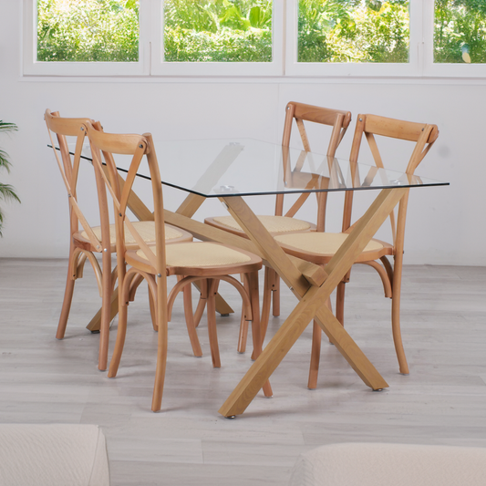 Comedor Mesa Xinia 140X90 + 4 Sillas Crossback | Madera & Rattan