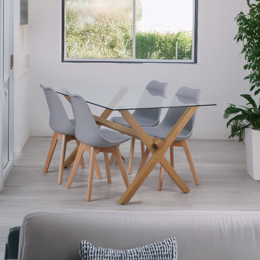 Comedor Moderno Mesa Xinia 140X90 + 4 Sillas Tulip Gris