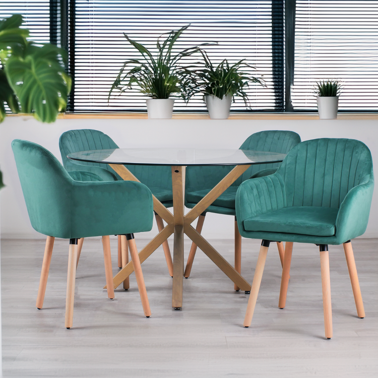 Comedor Mesa Redonda Equiz 120cm + 4 Butacas Almer Verde Esmeralda