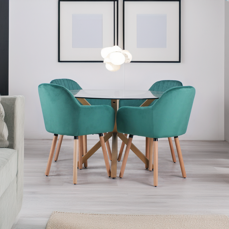 Comedor Mesa Redonda Equiz 120cm + 4 Butacas Almer Verde Esmeralda