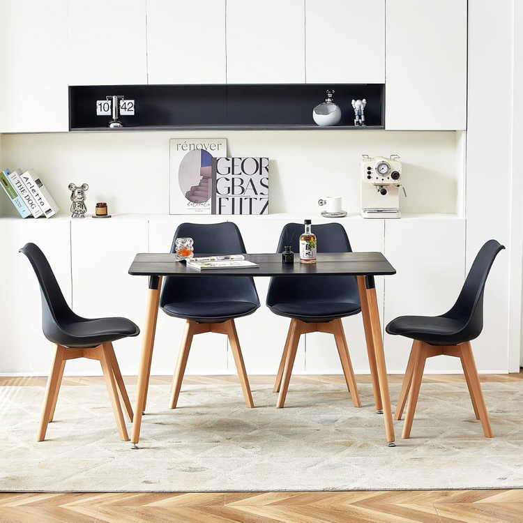 Comedor Mesa Rectangular Brunell 120x80 Negra + 4 Sillas Tulip Negra
