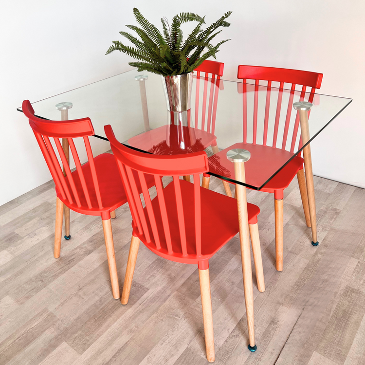 Comedor Mesa Vitreo 120x80 + 4 Sillas Windsor Rojas
