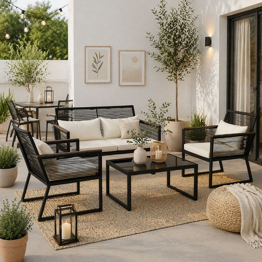 Juego de Terraza Pol Negro/Beige | 3 Piezas + 1 Mesa de Centro