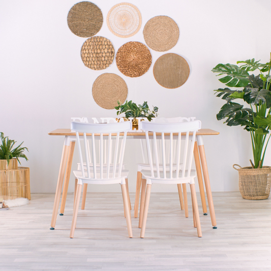 Comedor Mesa Álamo 130x80 + 4 Sillas Windsor Blancas | Estilo Nórdico