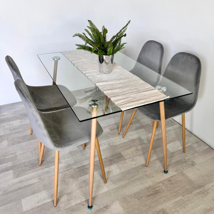 Comedor Mesa Vidrio 120x80 + 4 Sillas Isy Gris