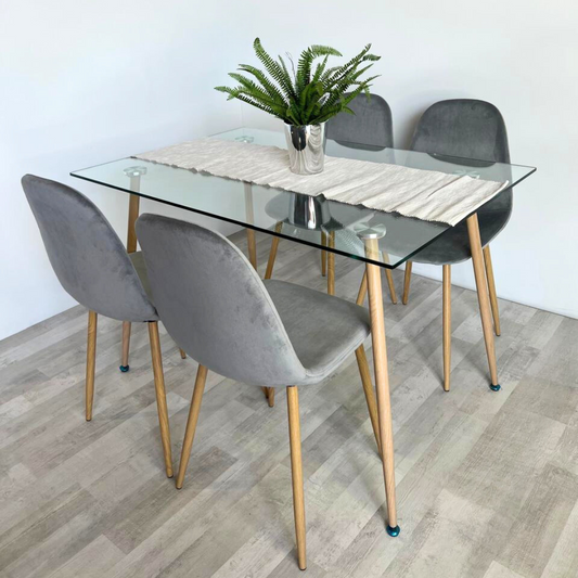 Comedor Mesa Vidrio 120x80 + 4 Sillas Isy Gris