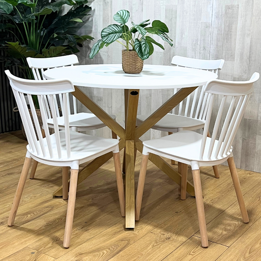 Comedor Mesa Redonda Equiz 100cm Blanca + 4 Sillas Windsor Blanca