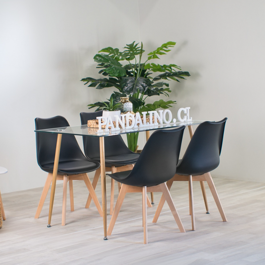 Comedor Minimalista | Mesa Vidrio 120x80 + 4 Sillas Tulip Negras