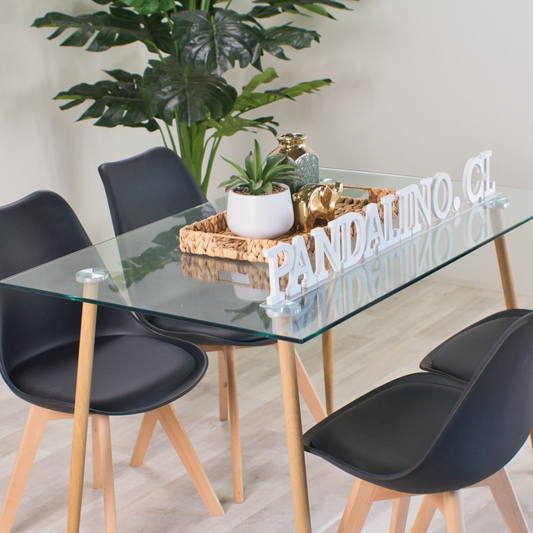 Comedor Minimalista | Mesa Vidrio 120x80 + 4 Sillas Tulip Negras